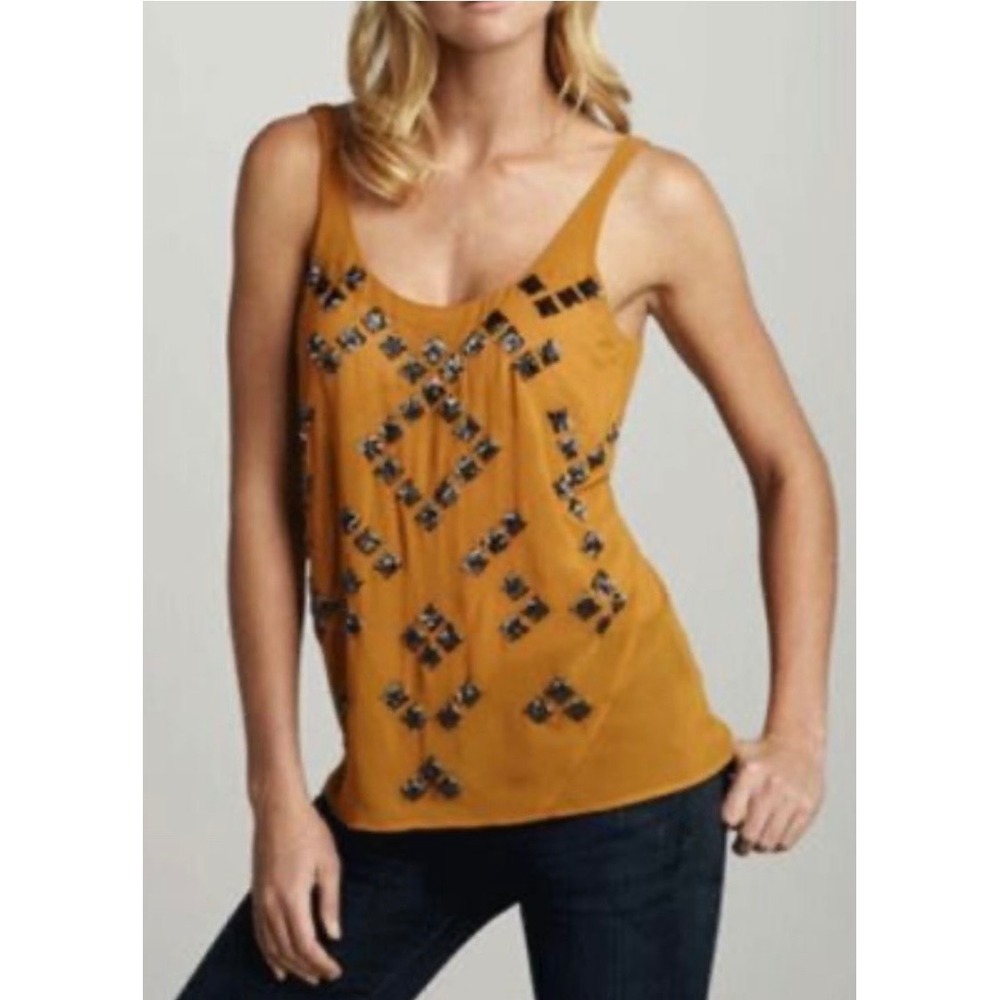 PJK Patterson J Kincaid Mustard Yellow Beaded Geometric Tank Top Womens‎ XS